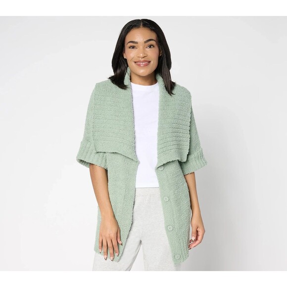 Barefoot Dreams Sweaters - BAREFOOT DREAMS CozyTwist Short Sleeve Sweater Coat Shawl Collar XS Green